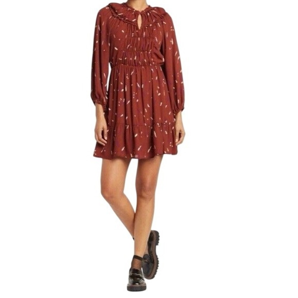 Collective Concepts Mini‎ Dress Womens XL Rust Abstract Print NWT Ruffle Smocked